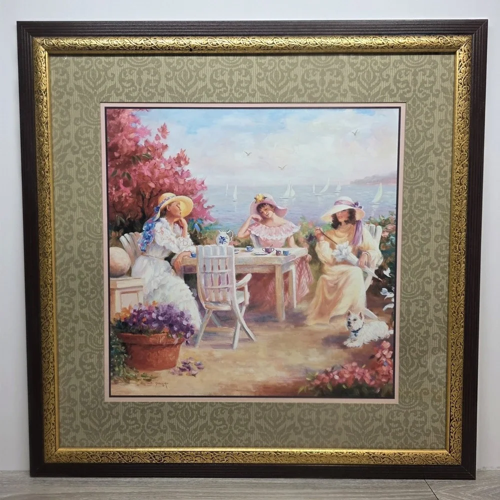 Vintage VICTORIAN LADIES TEA BY SEASHORE PICTURE - Framed And Matted - 27